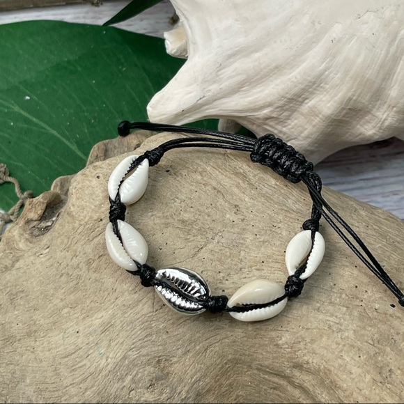 NEW Real Cowrie Shells w Silver on Black Soft wax Cording Bracelet &/or Anklet - Picture 4 of 9